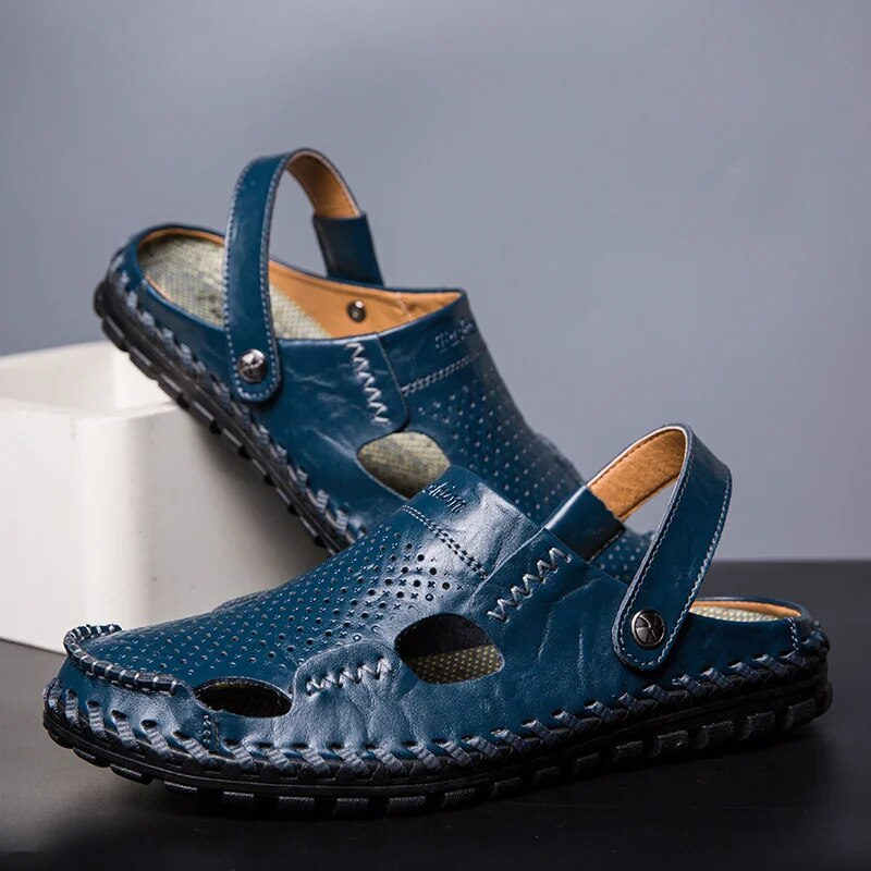 Men's Casual Summer Beach Sandals Closed Toe Walking Outdoor Sandals Slip-On Comfortable Leather Shoes For Man_voghion.com
