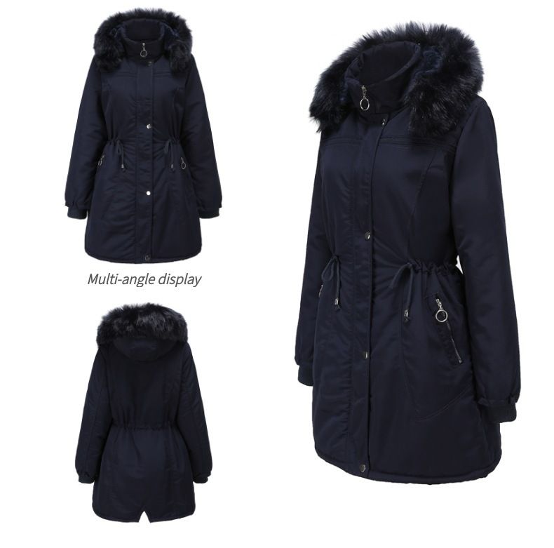 high-end women's cotton fleece mid-length black large size hooded cotton jacket warm fleece coat_voghion.com