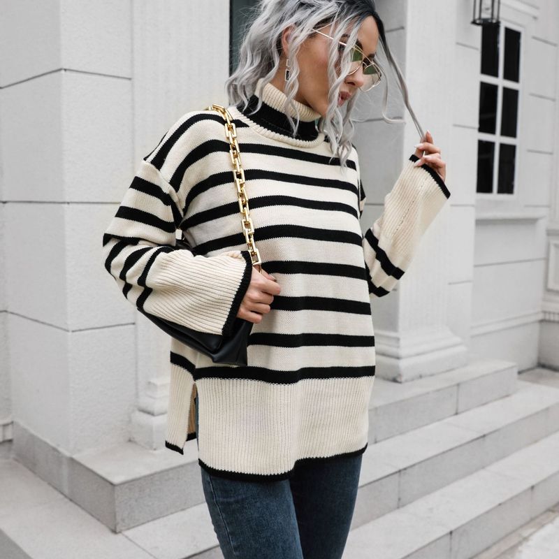 Women's mid-length sweater with striped side slit turtleneck_voghion.com