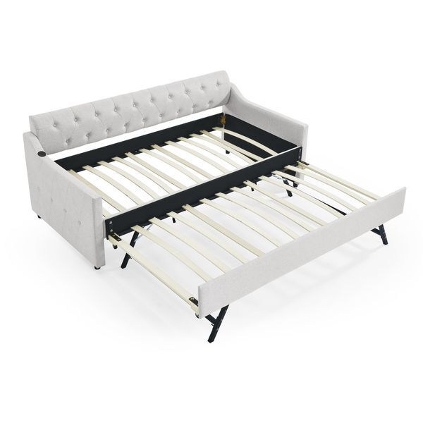 Twin Size Upholstery DayBed With Twin Size Erectable Trundle And USB Charging Design, Linen Beige_voghion.com