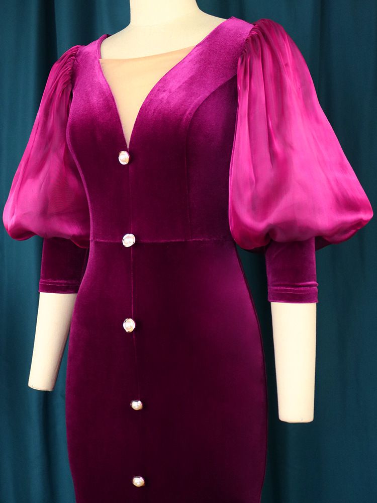 Női ruházat Plus size lámpás ujjú hasított ruha Új őszi világos, érett stílusú V-nyakú ruha vintage ruha_voghion.com
