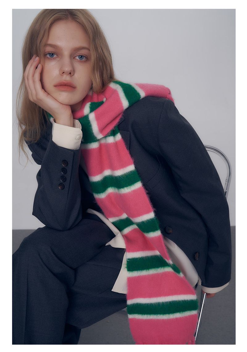 Handmade Beard Fringed Knitted Striped Wool Blended Scarf Women's Autumn and Winter Warm Wool Small Scarf_voghion.com