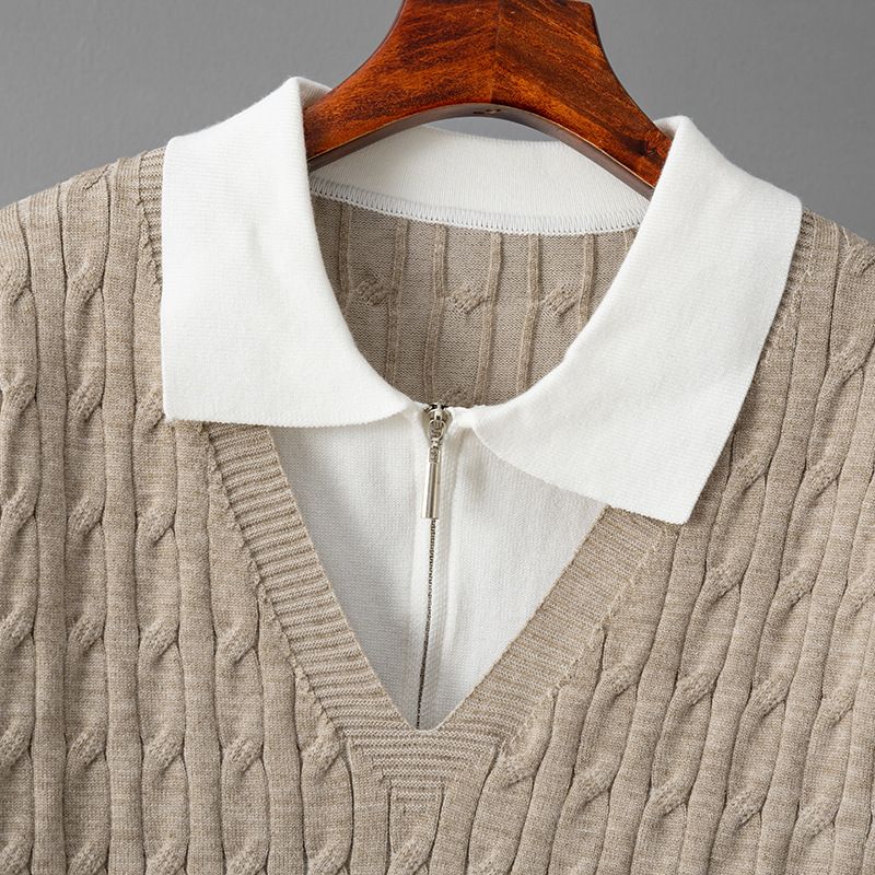 Women's Casual Knit Polo Sweater & Relaxed Straight Pants Set - Striped Textured Pullover With Comfort Fit Trousers For Office & Weekend_voghion.com