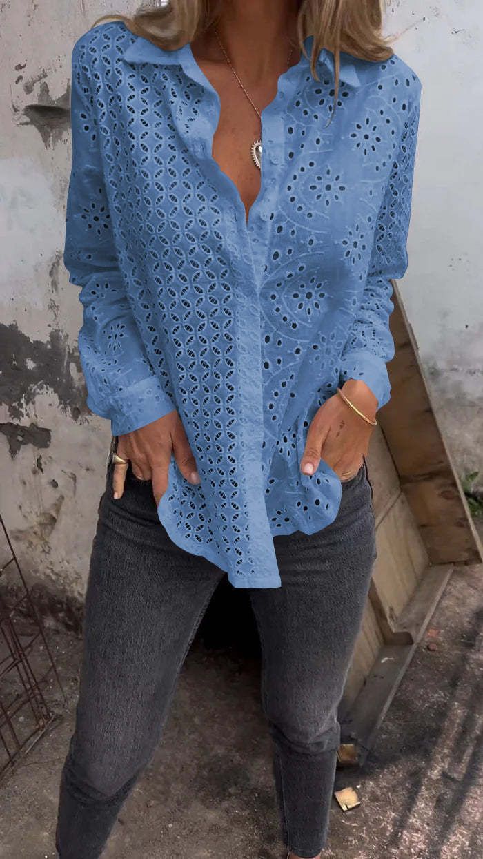 Ladies' Shirts Spring And Summer Hollow Printing Loose Button Grid Fashion Tops Women's Shirts_voghion.com