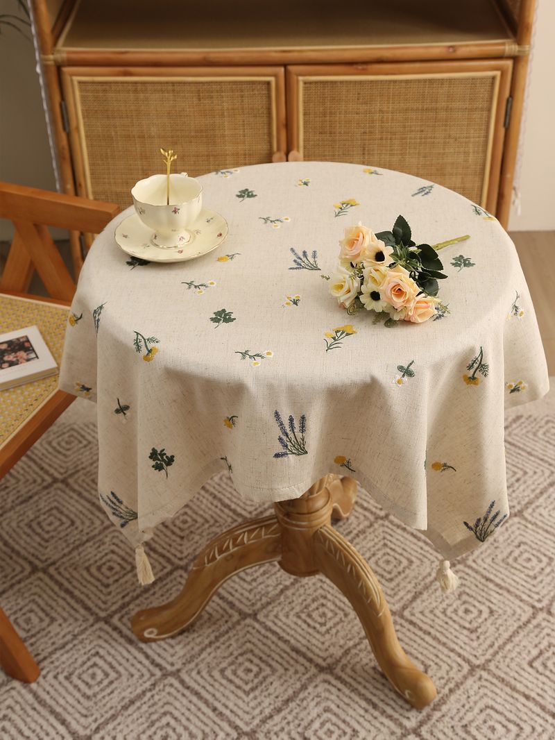 Linen Tablecloth With Lavender Embroidery – 60x60cm & 90x90cm, Natural Fabric, Heat-Resistant, Stylish Home Decor For Dining Table Or Coffee Table_voghion.com