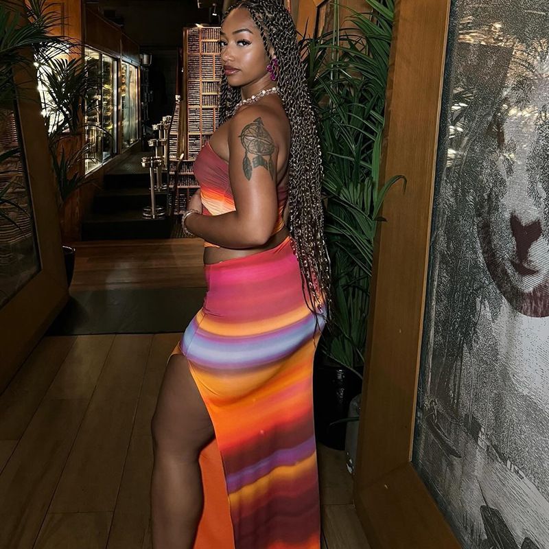 Women's Clothing Gradient Printing Sleeveless Sexy Tube Top Slim Hip Skirt Suit_voghion.com