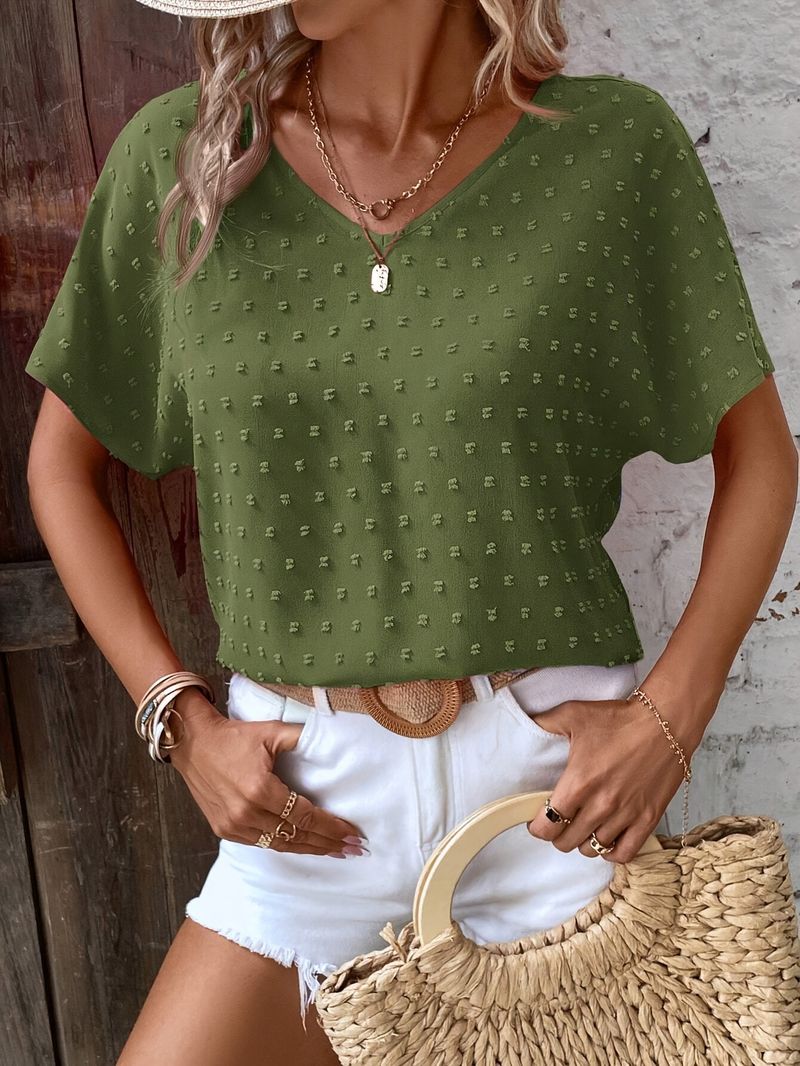 Abbigliamento da donna Camicia a maniche corte con maniche a pipistrello, tinta unita e casual da donna_voghion.com