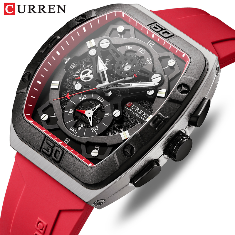 CURREN Brand Multifunctional Sports Luminous Quartz WristWatch Silicone Strap Waterproof Tonneau Shape Watch For Men_voghion.com