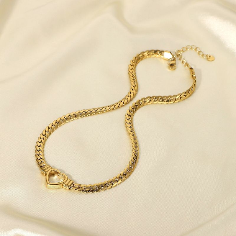 Stainless Titanium Steel Cuban Heart-shaped Gold-plated Hollow Flat Snake Chain Heart Pendant Necklace Bracelet Light_voghion.com