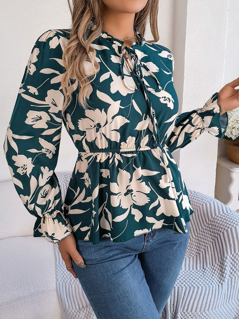 2025 herbst Winter Neue Casual Floral Lace-Up Langarm Chiffon Bluse frauen Mode_voghion.com