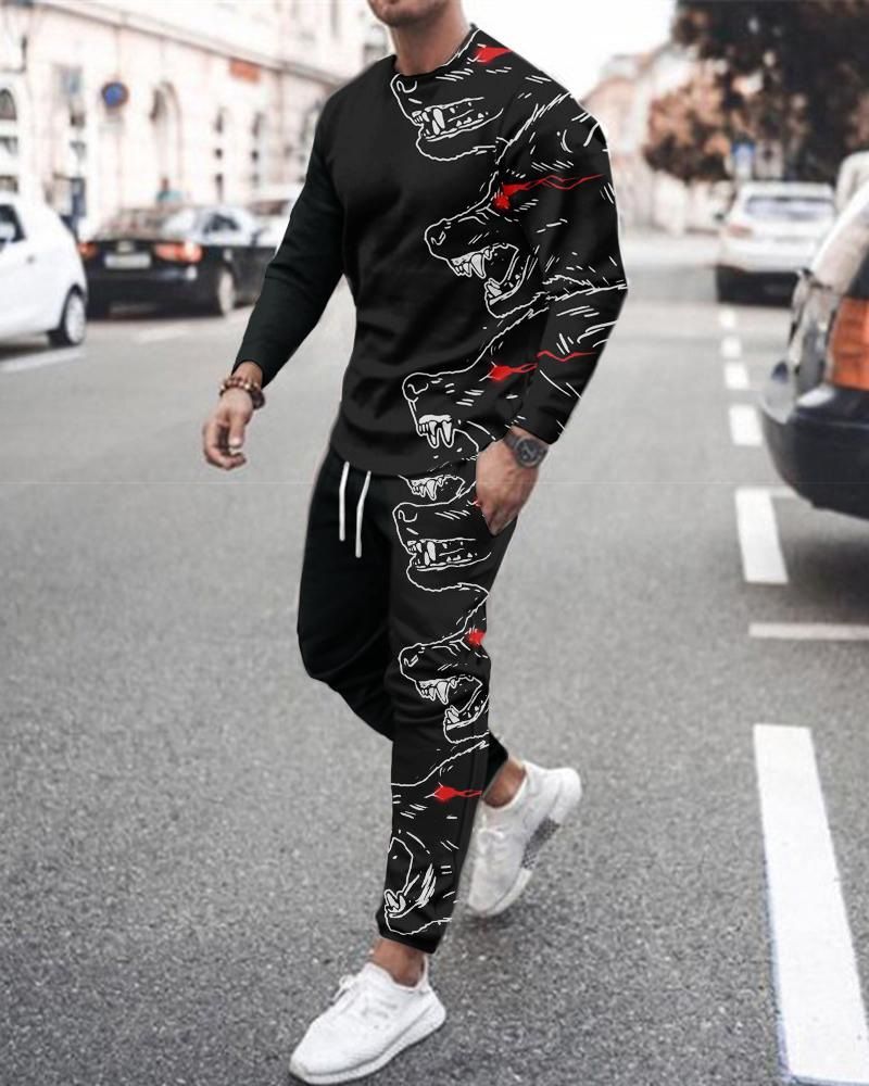 Ensemble décontracté pour hommes, sweat à capuche à manches longues et col rond + deux pantalons hygiéniques, sport ample imprimé numérique en 3D_voghion.com