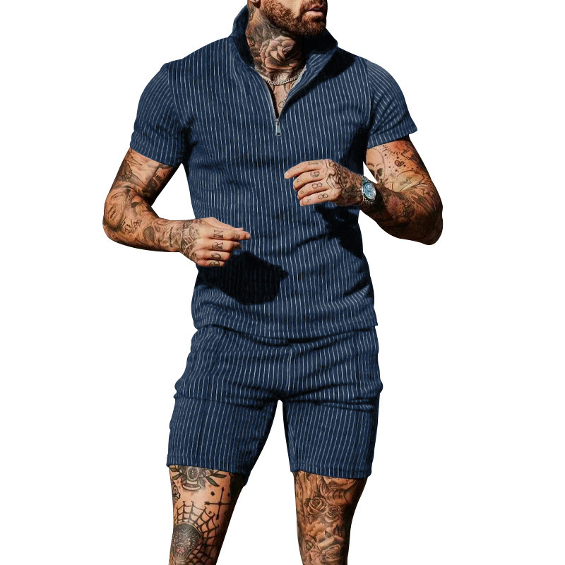 2025 Yaz Yeni Dikey Çizgili Kısa Kollu Şort Spor ve Eğlence Erkek Takımı_voghion.com