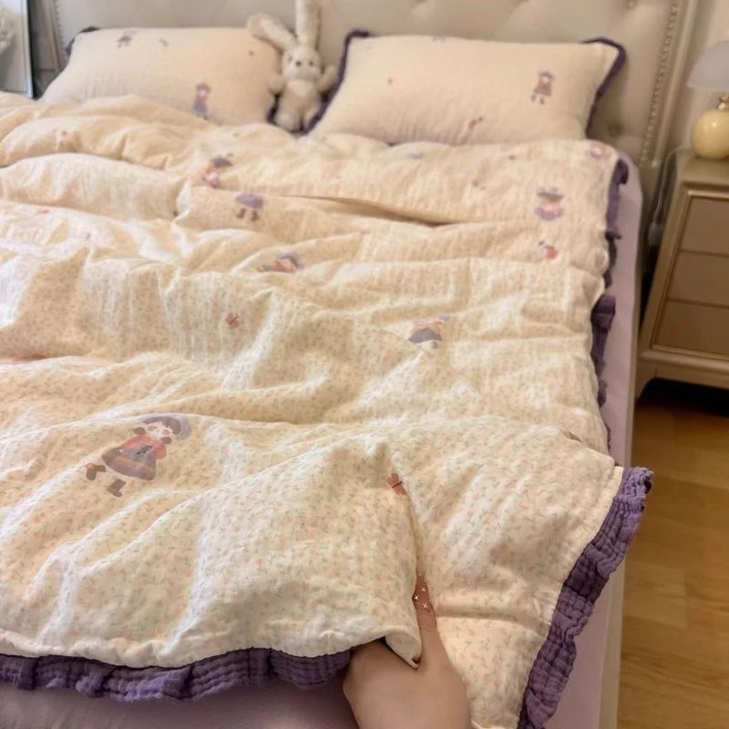 HIINIIA Set di biancheria da letto in cotone lavato con bordo arricciato e filato stropicciato, quattro lenzuola, copripiumino per letto da dormitorio, tre pezzi_voghion.com