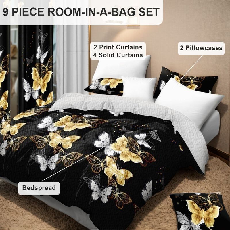 9 Piece Soft All-Season Washed Microfiber Cover Set , Twin/Queen/King/Calking Bedding Set With Pillowcases,Bedspread Print Curtains & Solid Curtains,Print, Moisture-Wicking, Soft ,Cooling, Easy Care_voghion.com