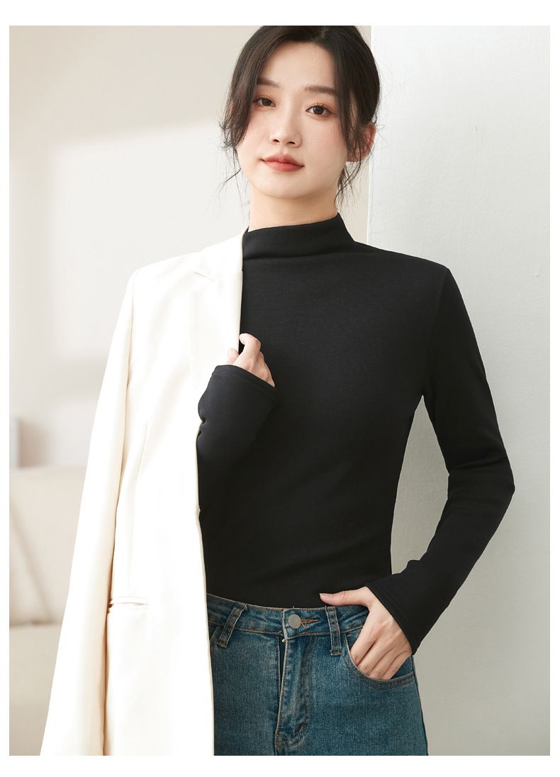 Camisa básica modal com gola alta e forro de lã H512 para mulheres, outono e inverno, camada interna preta de alta qualidade_voghion.com