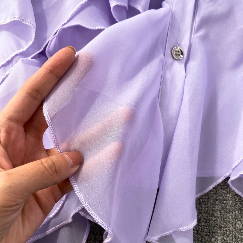 Women's Clothing Round neck irregular ruffled long sleeve loose single-breasted shirt women's spring and autumn design casual tops_voghion.com