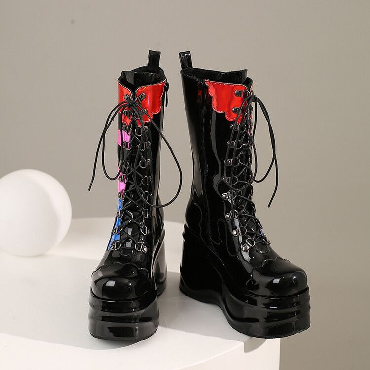 New color patchwork street style round head front strap waterproof platform thick soled high heel mid-leg boots for women_voghion.com