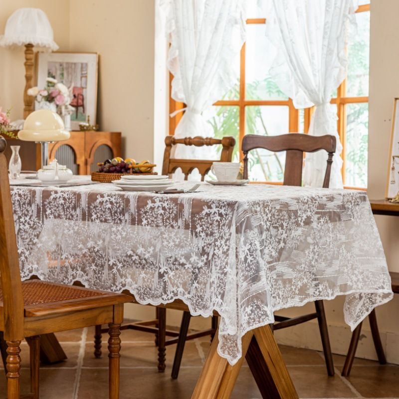 Le Xuan Show White Wedding Atmosphere Tablecloth INS Style Solid Color Embroidery Floral Light Luxury High-end Dining Table Cloth_voghion.com