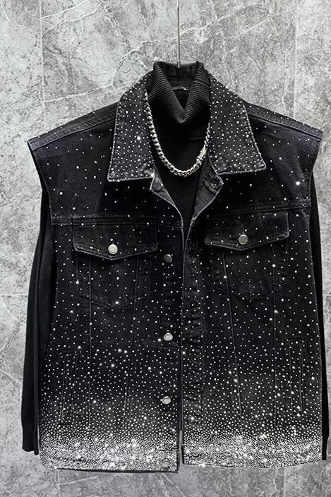 Herrenbekleidung Heiß gebohrte, mit Sternen besetzte Jeansweste, Jacke, Street-Rocking und vielseitige, lockere, ärmellose Weste, Weste, Trend_voghion.com