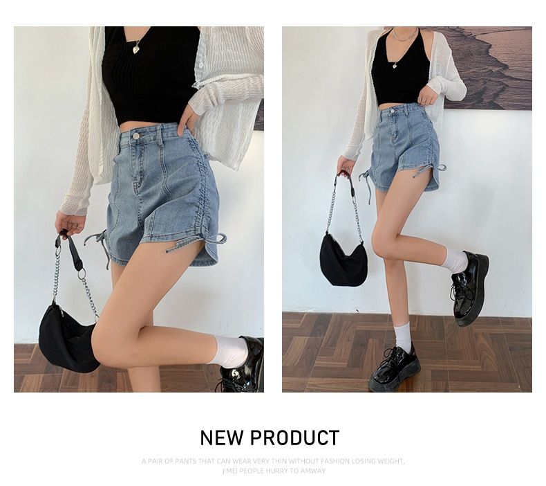 Strap and drawstring denim shorts for women's summer thin high waisted design, niche elastic slim fit straight leg_voghion.com