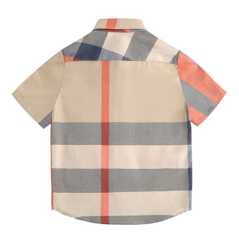 2025 Summer New Boys' Turn-Down Collar British Style Short Sleeve Cotton Plaid Children's Shirt_voghion.com