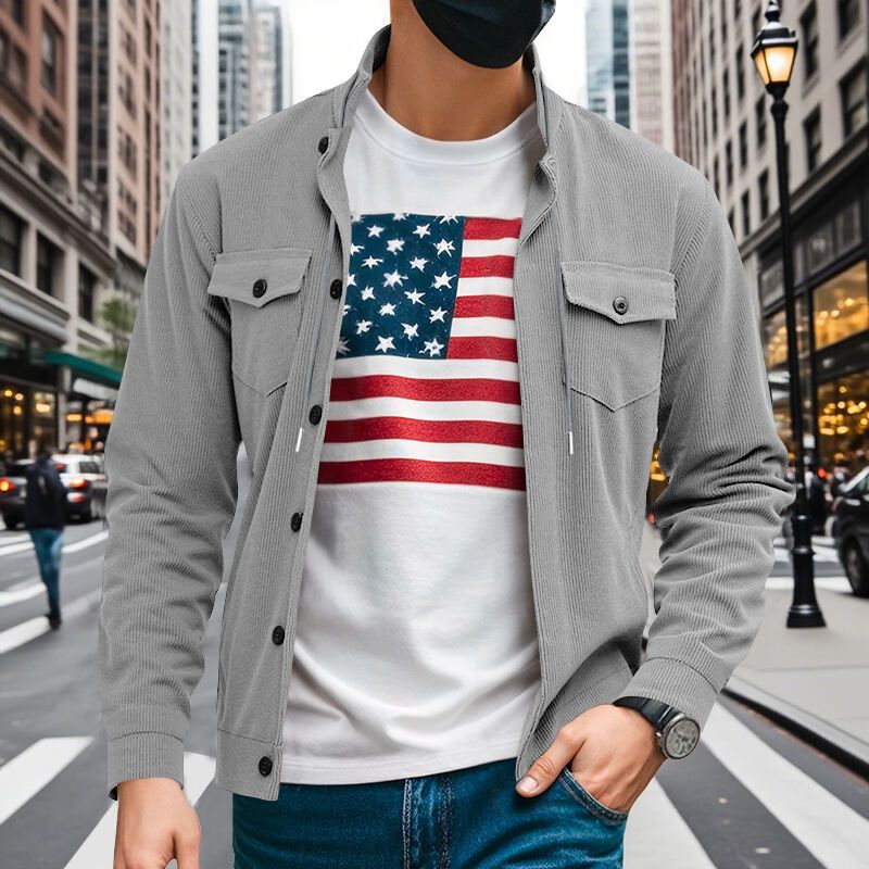 Autumn American Heavy Corduroy New Simple Versatile Multi Pocket Long Sleeved Stand Up Collar Jacket Men's Clothing_voghion.com