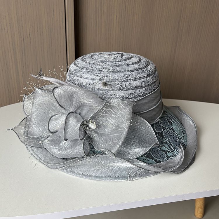 Cappello da sole in pizzo con pizzo Temperamento Elegante cappello da secchiello con fiori di perle Cappello da sole estivo traspirante da donna_voghion.com