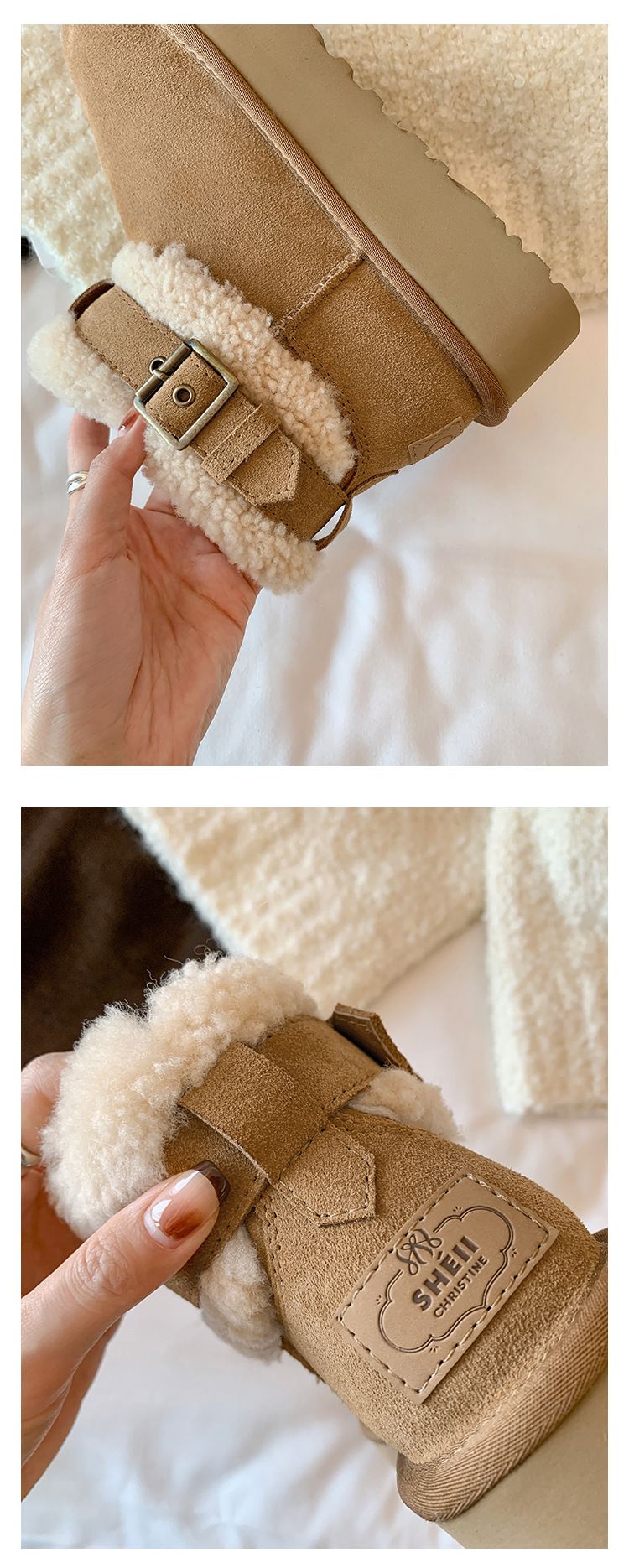 Botas de neve femininas ShoeGlobe Sheii Su Yinyin First Muse, cano curto, de lã e com sola grossa e quente._voghion.com