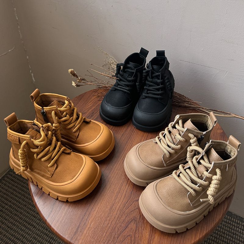 Children's Martin 2024 autumn winter boys' and girls' yellow short boots, British style high top single boots with plush_voghion.com