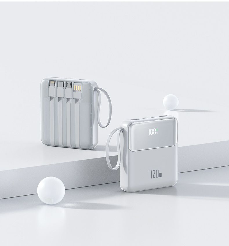 120 W ultraschnelle Lade-Powerbank 20000 mAh, 4-in-1 integrierte Kabel (USB-C/Lightning/Micro-USB/USB-A), tragbares PD3.0-Ladegerät_voghion.com