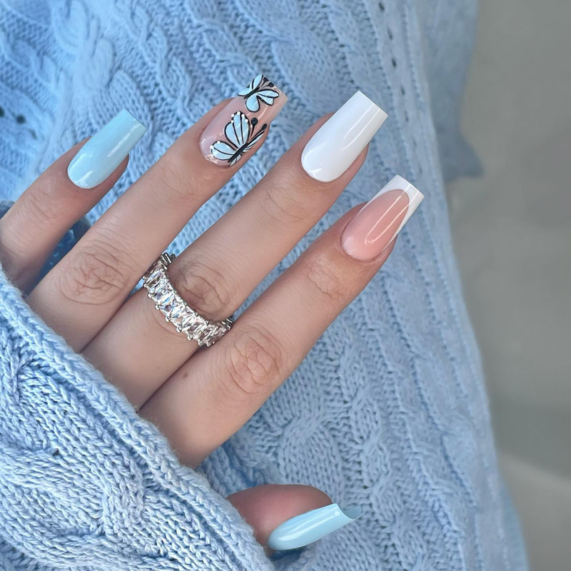White 24Pcs French Mid-Length Fake Nail With Gold Powder Design Simple Square Head False Nails Removable Full S s_voghion.com