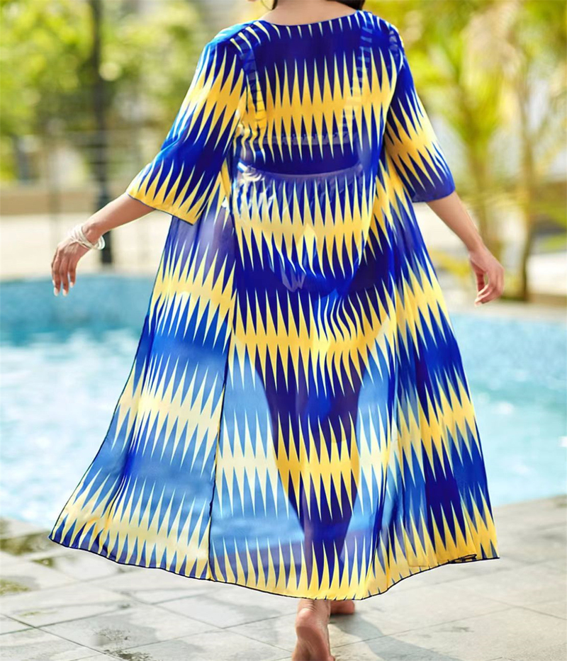 Women's long printed top split triangle bikini swimsuit_voghion.com
