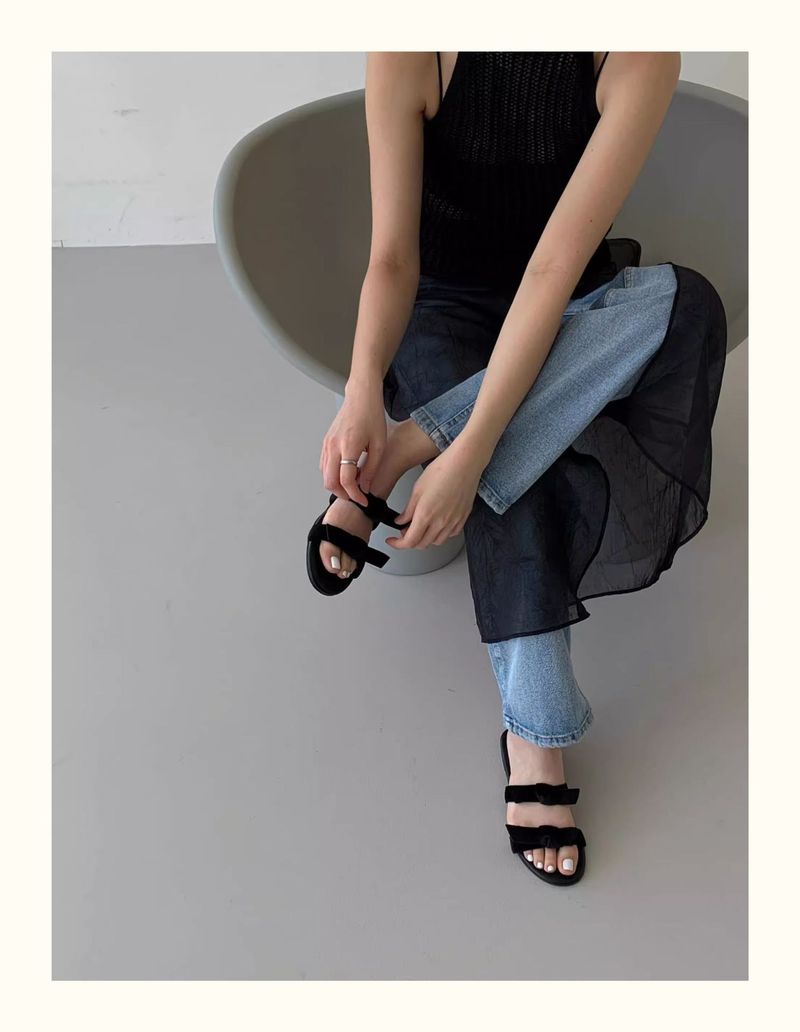Genuine leather velvet bow double-strap flat sandals for women summer beach wear open-toed round-toed half-slip sandals_voghion.com