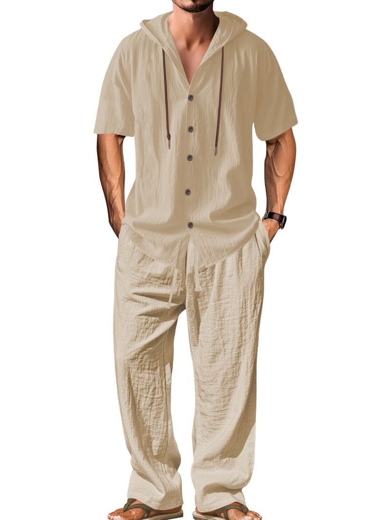 25 Set di pantaloni lunghi larghi con cappuccio e maniche in cotone e lino, casual e sportivo da uomo_voghion.com
