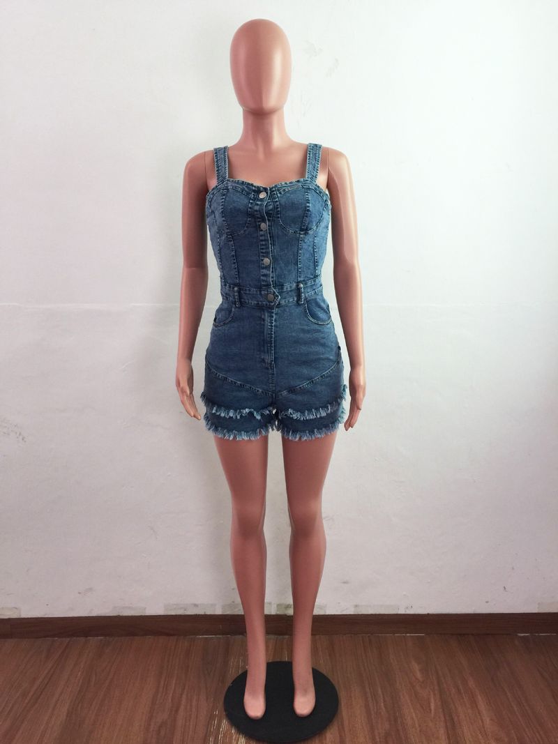 Modischer schmaler Jeans-Strampler für Damen mit Fransen_voghion.com