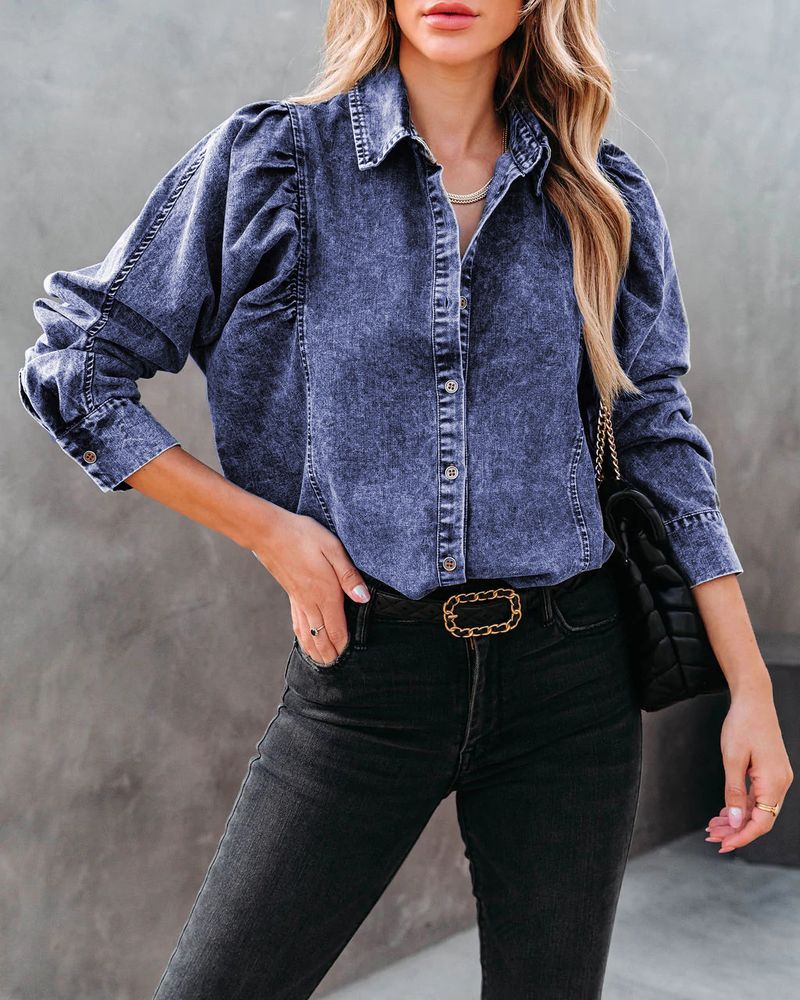 Abbigliamento donna autunno e inverno versatile bavero moda casual street style camicia in denim donna 657_voghion.com