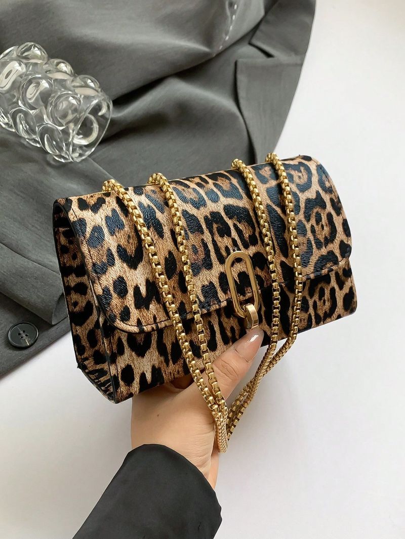 A Retro Fashion Leopard Print Mini Square Bag With Flap Opening, Metal Double Chain Shoulder Bag, Adjustable To Crossbody Bag, Leopard Print Bag_voghion.com