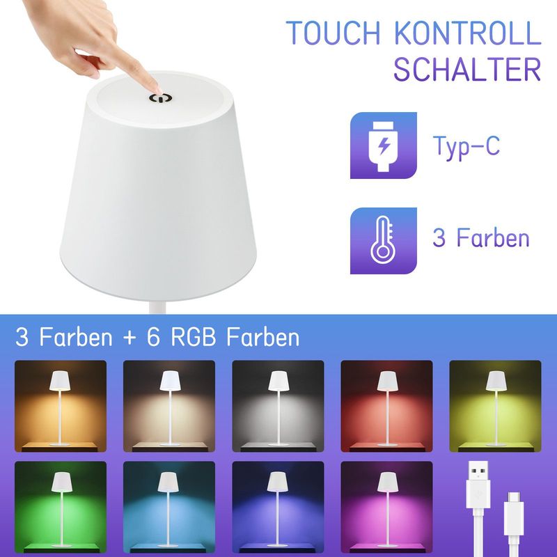 Glitzerlife Nachttischlampe Akku Tischlampe Led - Weiß Kabellos 2er Set 6 FarbenRGB Touch Dimmbar Tischleuchte Aufladbar Akkulampe Batterie USB Akkuleuchte_voghion.com