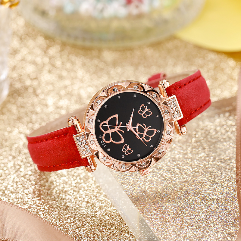 Diamond petal case temperament butterfly pattern frosted belt women's quartz watch_voghion.com