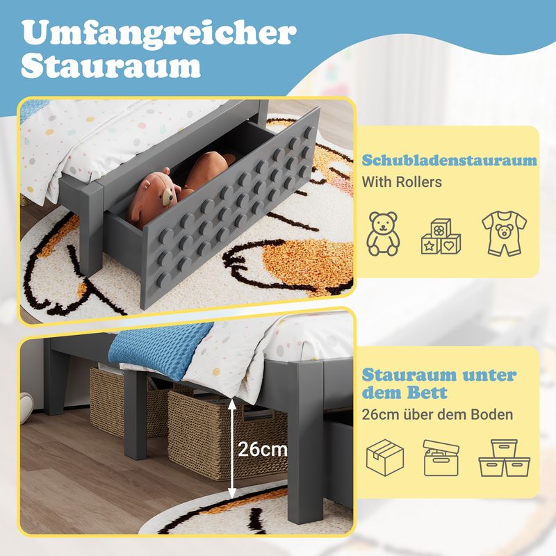 Holzbett 90x200cm mit Blockdesign, Massivholz, Schubladen, Grau_voghion.com