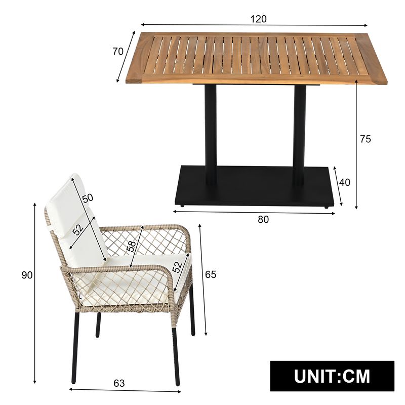 Ensemble de salle à manger d'extérieur 5 pièces pour 4 personnes, table en acacia massif, chaises en rotin synthétique, pour jardin et terrasse_voghion.com