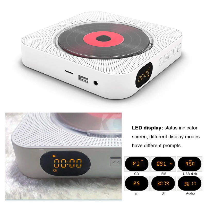 Tragbarer Bluetooth-Lautsprecher, Stereo-Player, LED-Bildschirm, wandmontierbarer CD-Musik-Player mit IR-Fernbedienung, FM-Radio_voghion.com