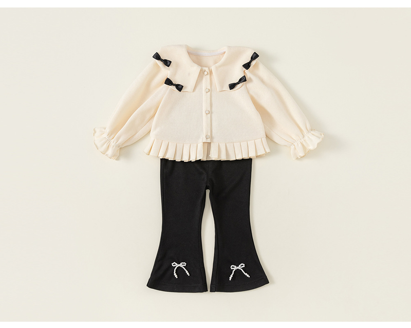 Spring And Autumn Girl Suit Small Fragrance Bow Lapel Coat Bell Bottoms Two-piece Set_voghion.com