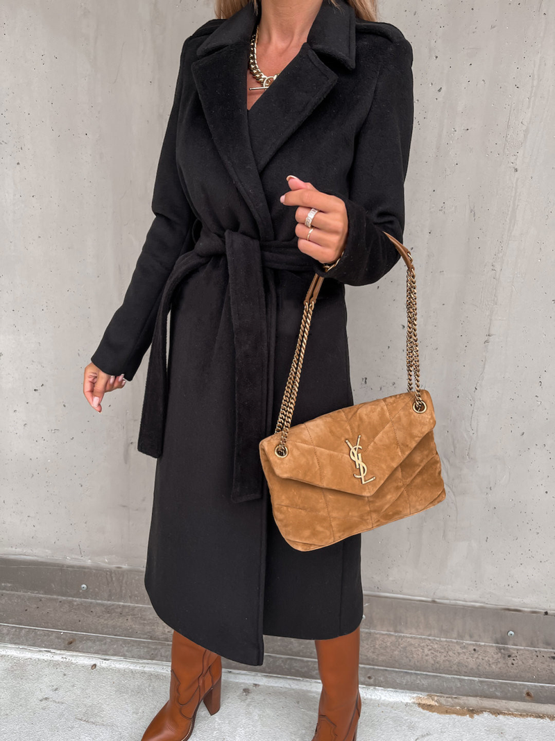 Damen-Trenchcoat aus Wolle mit einfarbigem Revers und langen Ärmeln und schlichter Schnürung_voghion.com