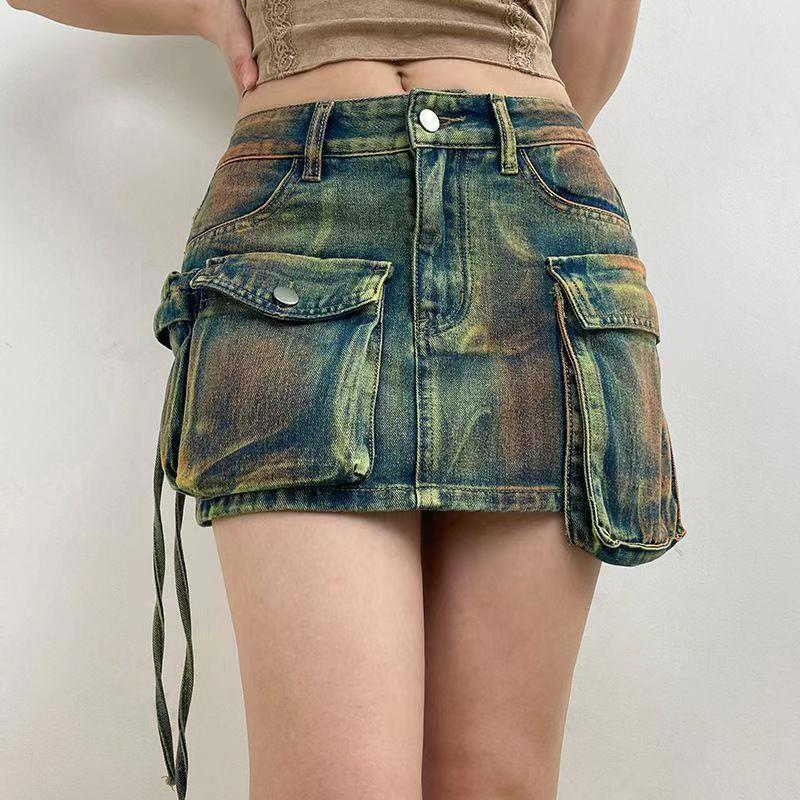 versleten driedimensionale multi-pocket denim minirok met hoge taille asymmetrische beenverlengende A-lijn rok_voghion.com