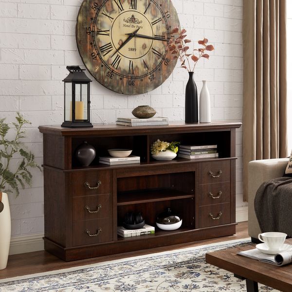 Traditional TV Media Stand Farmhouse Rustic Entertainment Console For TV Up To 65' With Open And Closed Storage Space, Espresso, 60'W*15.75'D*34.25'_voghion.com