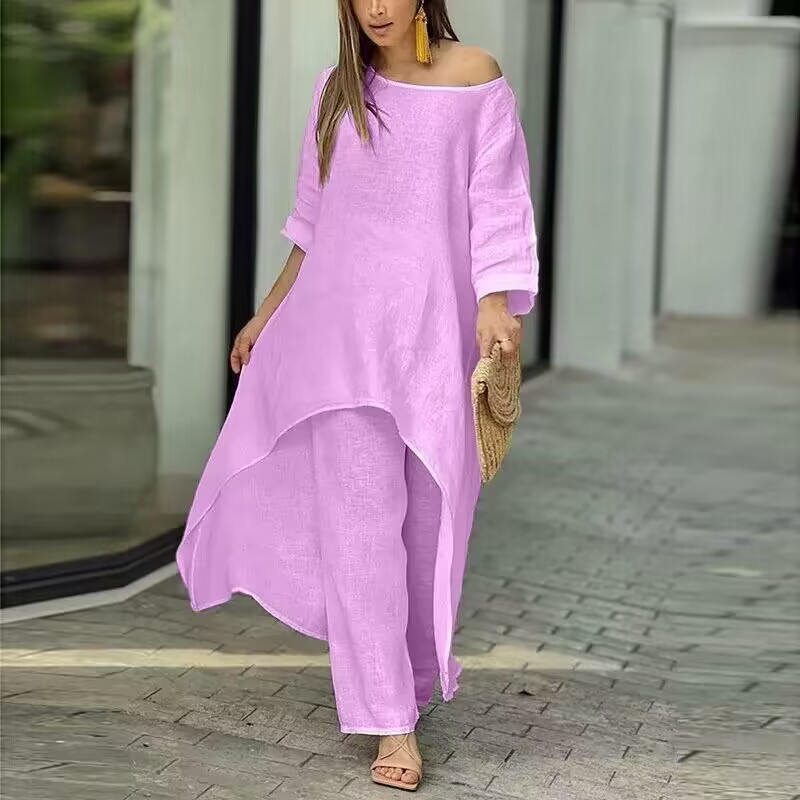 Vêtements pour femmes en coton et lin, mode décontractée, grande taille, costume irrégulier à manches longues, pantalon à jambes larges, ensemble deux pièces_voghion.com