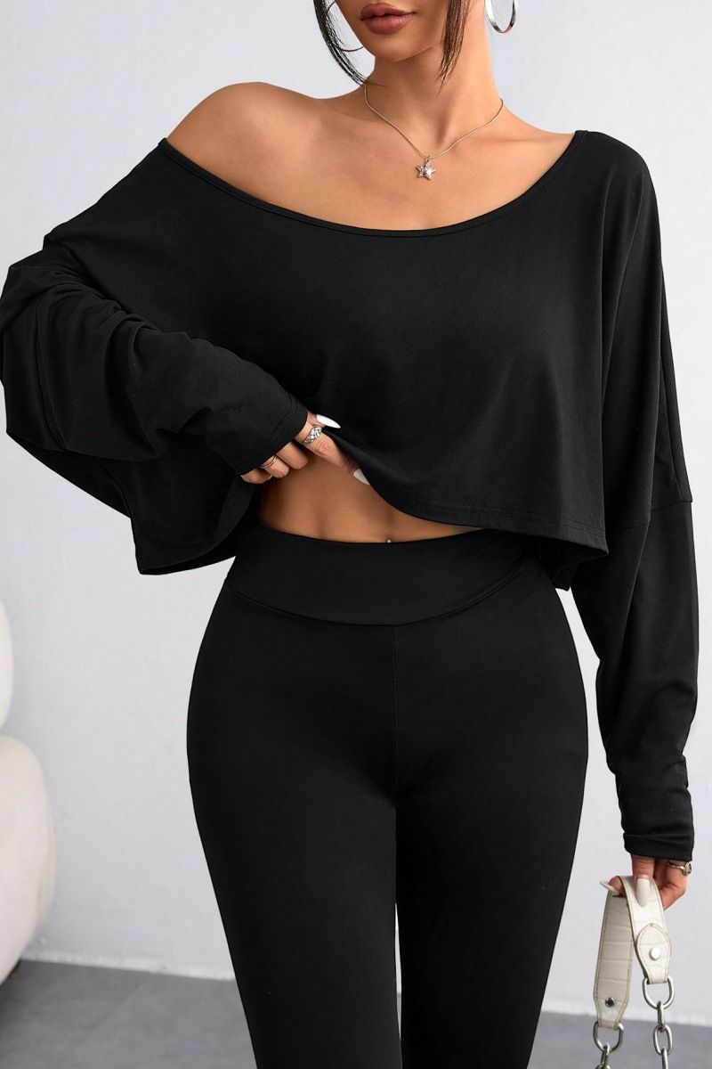 T-shirt à manches longues et col ample pour femme, style décontracté, avec nombril exposé_voghion.com
