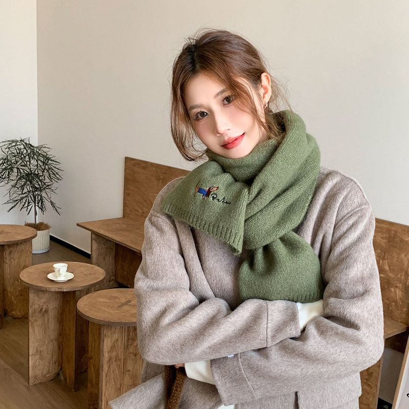 Sciarpa invernale in lana lavorata a maglia, nuovo stile di alta gamma da donna, ricamo a forma di cane, giapponese e coreano, abbinata in modo minimale alla sciarpa_voghion.com