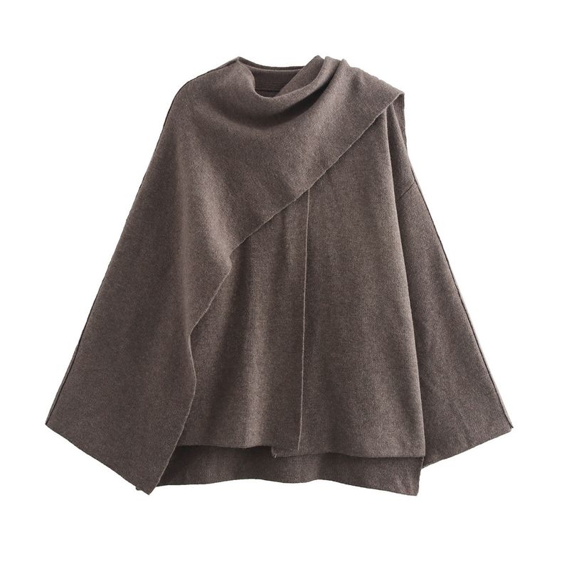 Elegant Asymmetrical Cape Knit Top – Women’s Long-Sleeve Scarf Neck Pullover, Loose Fit Boho Chic (Grey/Brown)_voghion.com